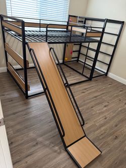 Twin Size Bunk Bed with Basketball Hoop, Pull-Up Rings and Climbing Wall, Twin Metal Bunk Bed with Slide and Bookshelf, Heavy Duty Bunk Beds with Guar