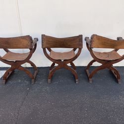 Set of 3 Antique Italian Renaissance Revival Carved Ornate Figural Chairs w/Leather Seats & Backrests
