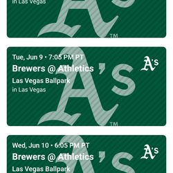 Milwaukee Brewers vs A's at Las Vegas Ballpark June8-10 Sect 110