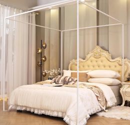 White Metal Four-Post Canopy Bed Frame