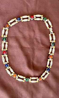 Multi-Color Cabochon Segmented Link Necklace/Choker Two-Tone 17”Vintage