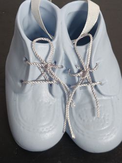 Vintage Christmas Tree Ornament Ceramic Baby Booties Shoes Blue 3" Ribbon Hanger Thumbnail