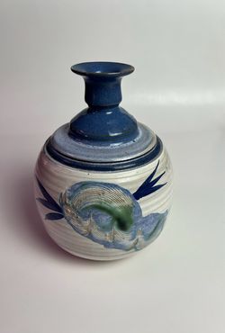 Pottery cobalt blue bud vase handmade artist signed