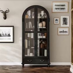 77.2 in. Tall Dark Wood 5-Shel f Accent Book case with Storage Drawer, Modern Displa y Cabin et with Arched Glass Doors