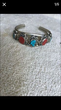 XLarge Sterling silver bracelet cuff with coral and turquoise nugget stones
