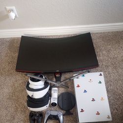 Curved Monitor, PS5, Vr Headset, PS5 Controller, PS5 Charging Station 