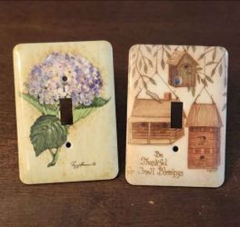 Lot of 2 Vintage Decorative Light Switch Covers – Hydrangea & Farmhouse Birdhouse