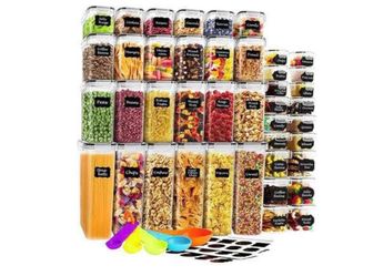42 Pack Airtight Food Storage Containers with Lids, Plastic Kitchen and Organization Canisters for Cereal, Flour and Sugar, Includes Spoons, Labels an