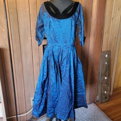 Vintage Women’s Manny White Formal Dress/Gown Blue Shimmer Black Velvet Sz MED