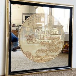 Vintage 1980s Monumental Chinoiserie "Marble Boat" Gilded Carving Eglomise Square Accent Wall Mirror. See Full Description 