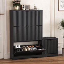 FANRAL Shoe Cabinet with Bench & 3 Flip Drawers,Fluted Shoe Storage Cabinet Rack Organizer with Adjustable Shelves for Entryway,Closet,Hallway,Black