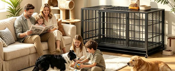 Heavy Duty Dog Crate , Mobile Pet Kennel with Lockable Wheels & Rotary Twist-Latch, Indoor Outdoor Metal Cage with Perforated Top