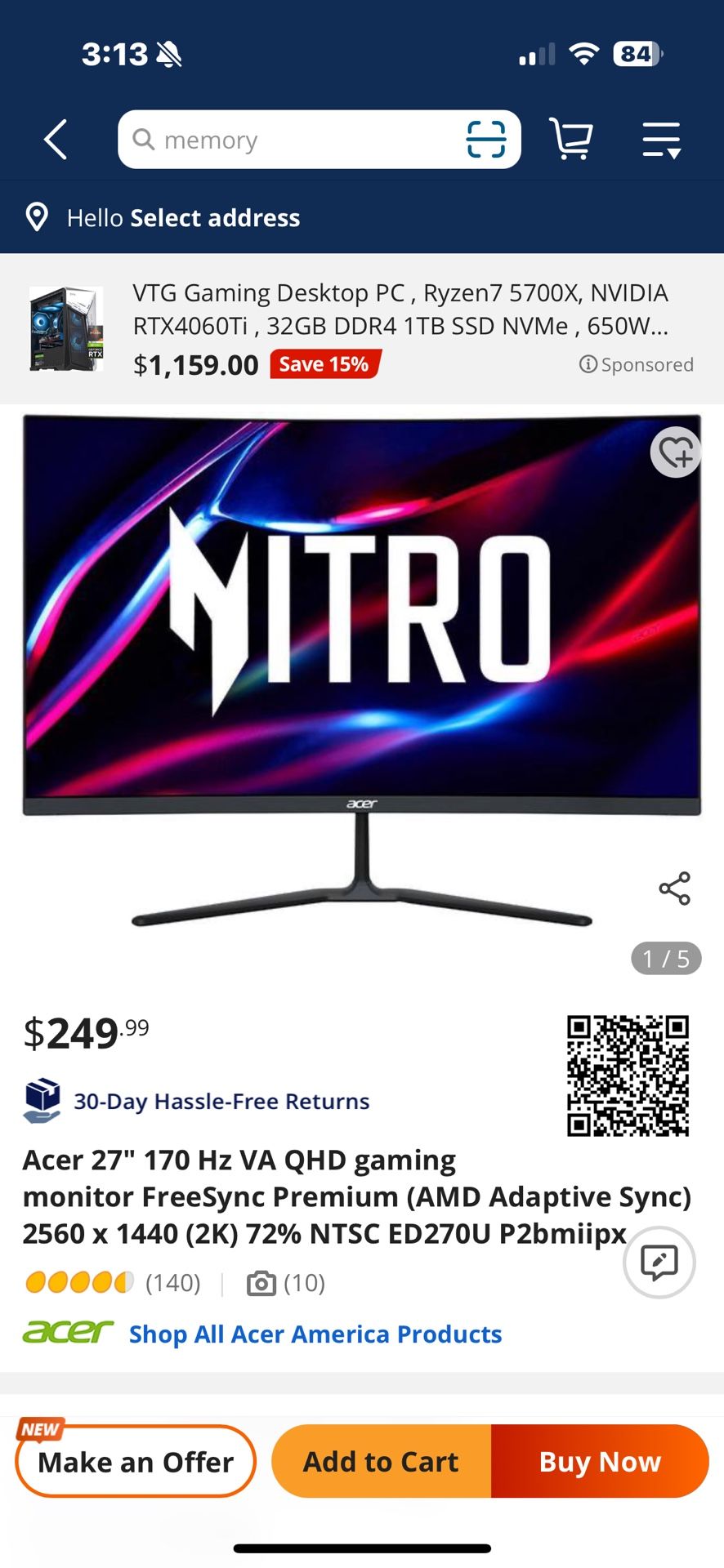 Acer 27inch Curved Monitor