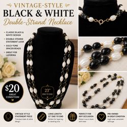 Vintage 23-Inch Black & White Double-Strand Beaded Necklace