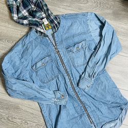Vintage denim jacket With Plaid hoodie J:K:I