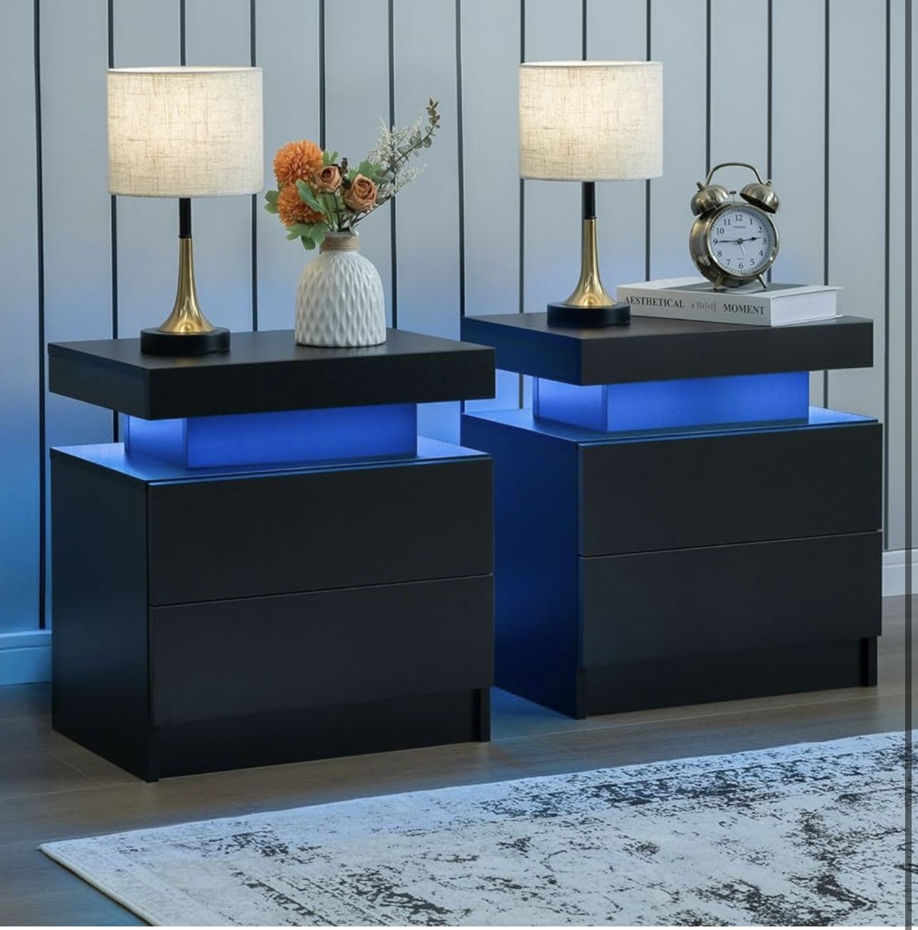 Black Nightstand Set of 2 LED Bedroom Nightstands Set of 2