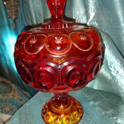 Vintage LE Smith Moon and Stars Amberina glass Candy or compote dish