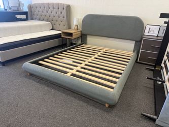 Gray Upholstered Platform Bed Frame with Slats