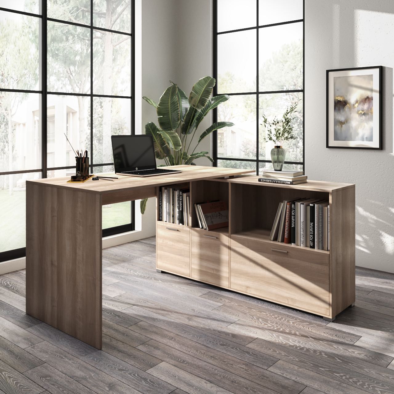 ⭐️ REVERSIBLE EXECUTIVE L-SHAPE CORNER DESK WITH DRAWERS AND SHELVES⭐️