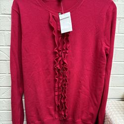 Land’s End NWT Women’s Persian Rose Cotton Ruffled Front. Cardigan  Size L