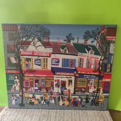 PARIS FOLK ART STREET SCENE OIL ON CANVAS 