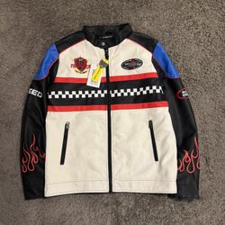 White And Black Leather Biker Jacket Brand New Size Medium