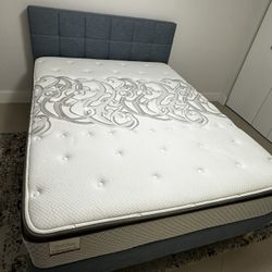 Brand queen upholstered bed frame with used Sealy PosturePedic 11” mattress