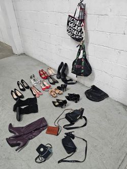 Women's Shoes Set, Boots & Bags Mixed Lot.

Large mixed lot of women's footwear and accessories including heels, flats, knee-high boots, and bags. Foo