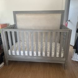 Grey Baby Crib, Nursery Crib, Upholstered Crib