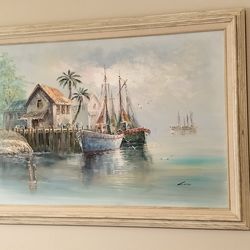 Vintage Original Oil On Canvas, Fishing Boats At The Dock/SeaSide Setting  by the Artist John Luini