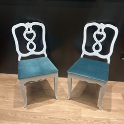 Restored Ice Blue Antique Chairs With A Curved Leg & Freshly Reupholstered Seats With Teal Velvet  
