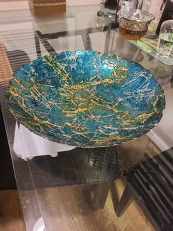 Teal & Gold Glass Center Piece Bowl