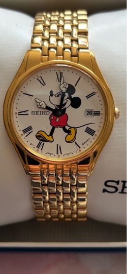 BRAND NEW MEN'S DISNEY MICKEY MOUSE GOLD SEIKO DATE WATCH RETIRED Fresh Battery Keeps Perfect Time