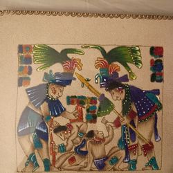 Mexican Folk Art Paintings On Leather Canvas Vtg Vintage 