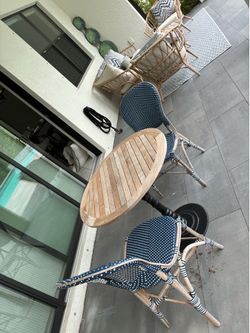 Outdoor Teak Table with Rattan Bistro Chairs