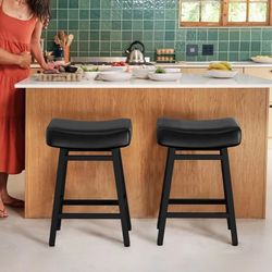 24'' Backless Faux Leather Upholstered Saddle Stool Chair Set of 2. Black