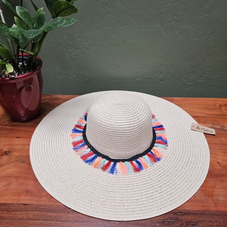 Rainbow Tassel Fringes Wide Brim Floppy Hat Beige