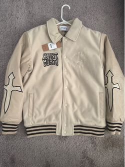 BOMBER VARSITY JACKET from Saint Morta. Men's Varsity Jacket Cream Beige Gothic Skull Bomber Medium