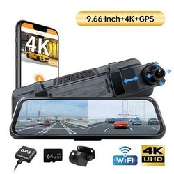 Cinandrow 9.66 inch 4K HD Universal Mirror Dash Cam ,1080P Rear Camera/GPS/Free TF Card