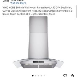 VIKIO HOME 30 Inch Wall Mount Range Hood, 450 CFM Dual Inlet, Curved Glass Kitchen Vent Hood, Ducted/Ductless Convertible, 3-Speed Touch Control, LED 