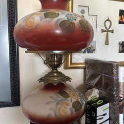 Vintage Hand-Painted Hurricane Lamp (Converted to Electric) – Floral Satin Glass