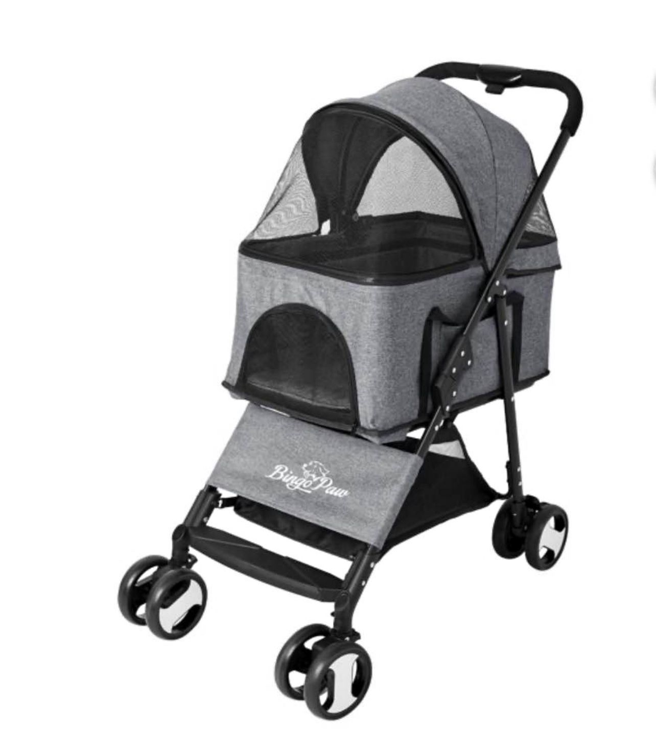 Bingopaw Foldable Pet Stroller 4 Wheel for Puppy and Cats, Gray, with Rain Cover