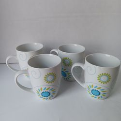 Rachael Ray Coffee Mug Set Of 4 Starburst Ceramic Drinkware Aqua White Blue Cups