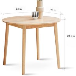 28" Round Wooden Dining Table/Mid Century Modern Malaysian Oak Kitchen Table (Natural-Oak)