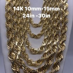 14K 10mm-15mm  14in-30in diamond cut rope chain. re-