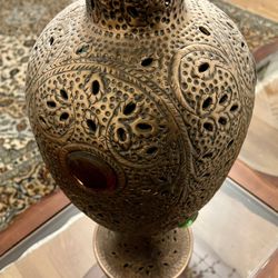 Pier 1 Imports Embossed Metal Decorative Vase & Flowers 