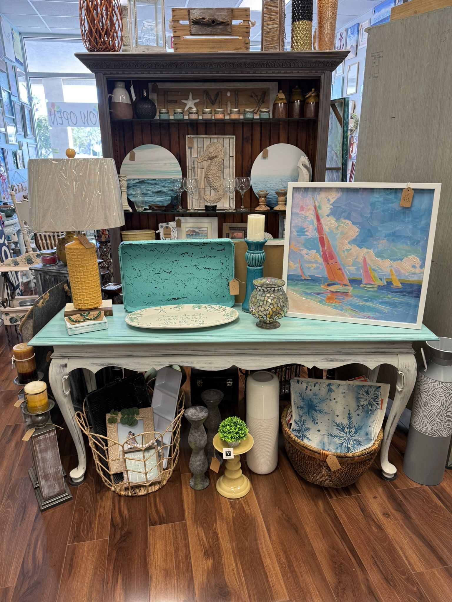 Beautiful Vintage-Style Distressed Wood Console Table or Entry Way Table Coastal Colors Farmhouse