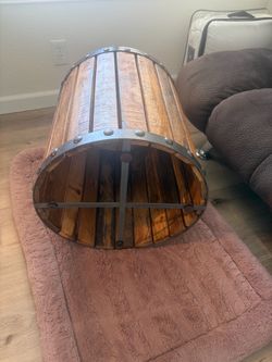 Rustic Wood Slat Barrel Side Table