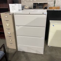 2 Matching Lite Grey Metal Office 4 Dr. Lateral File Cabinets! Only $50 Ea! 