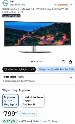 Dell UltraSharp U3423WE 34.1” WQHD Curved Screen 21:9
